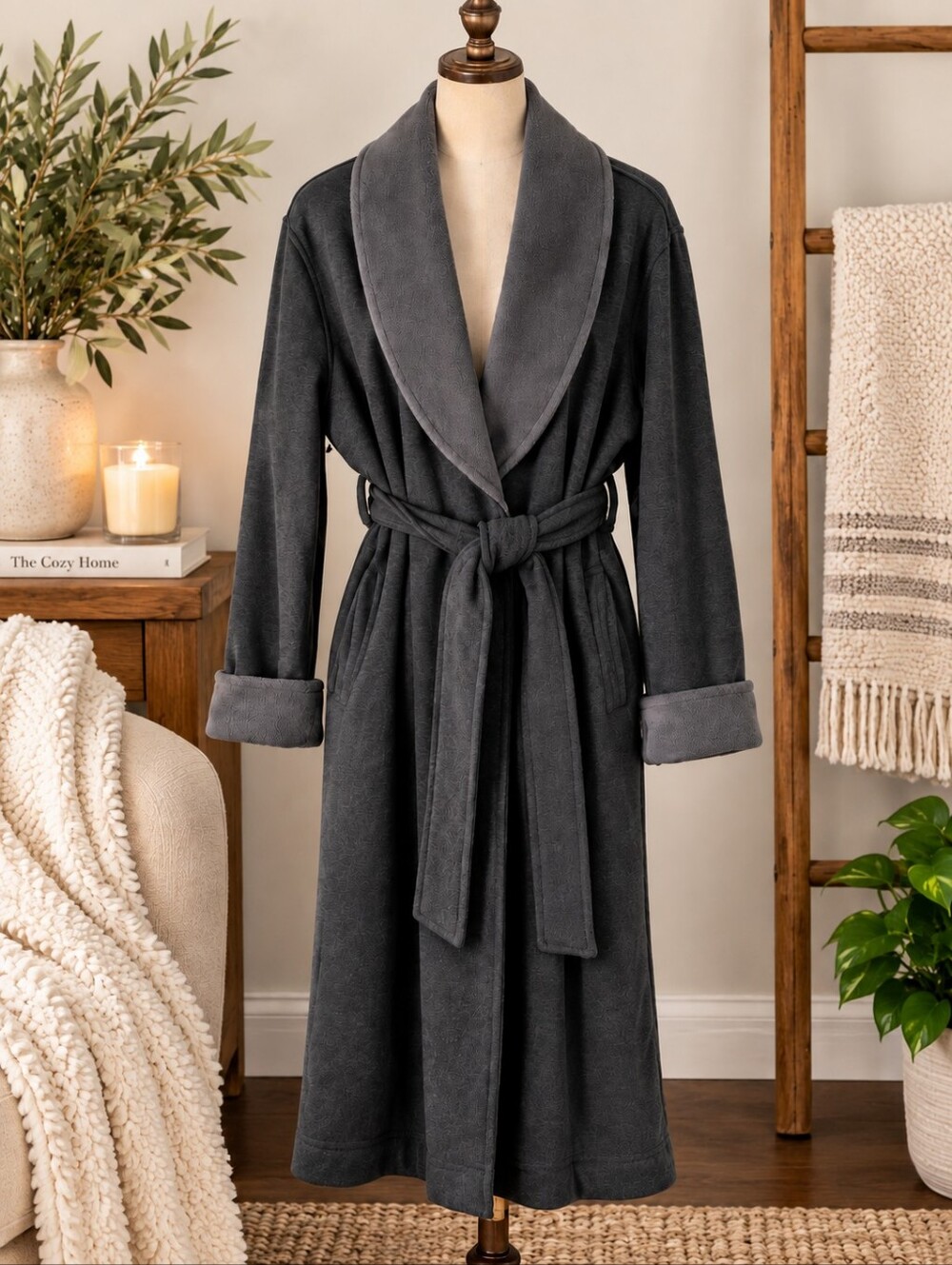UGG Duffield II Robe Women's Large Charcoal Gray Plush Shawl Collar Belted